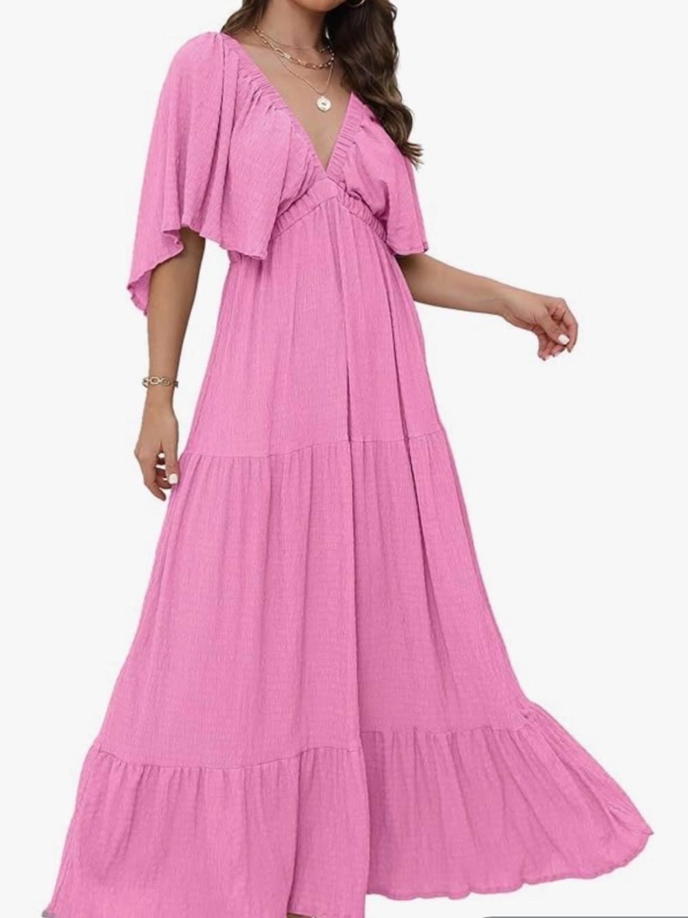 Never Worn - Boho V-Neck Flutter Sleeve Maxi Dress - Pink